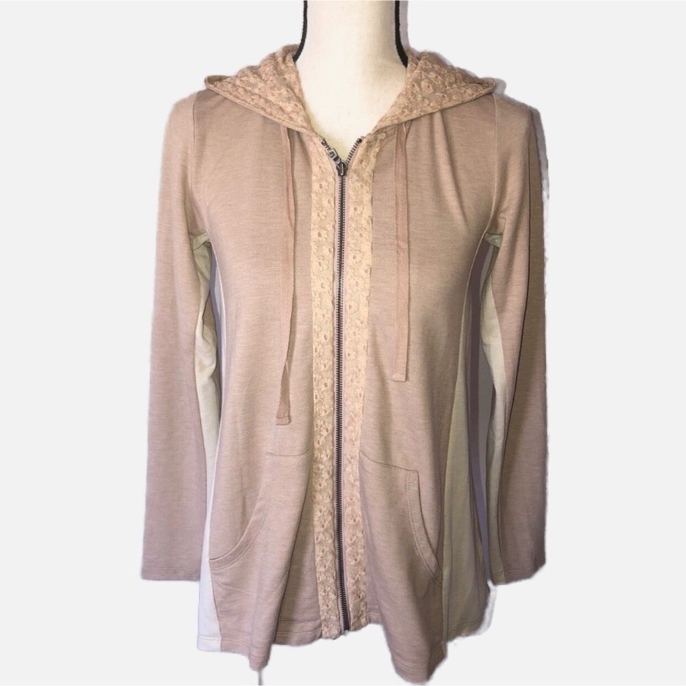 LOGO Lounge Zip Front Hoodie Lace Trim Beige Cream Size XXS